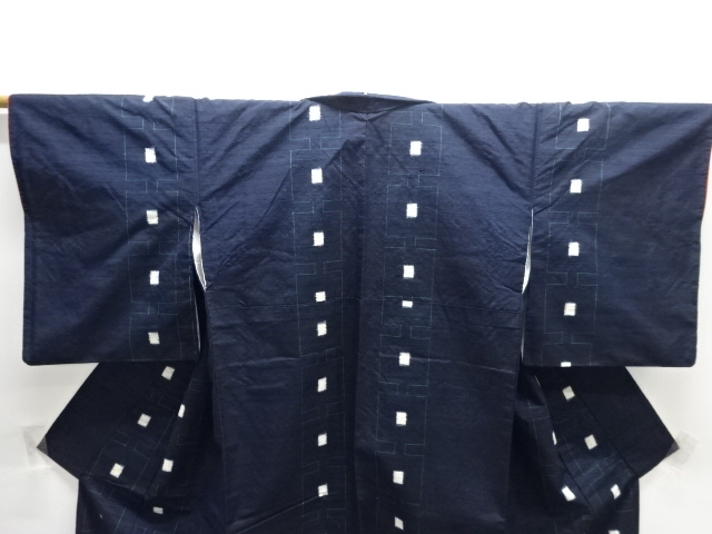  幾何学模様織出し手織り真綿小千谷紬着物